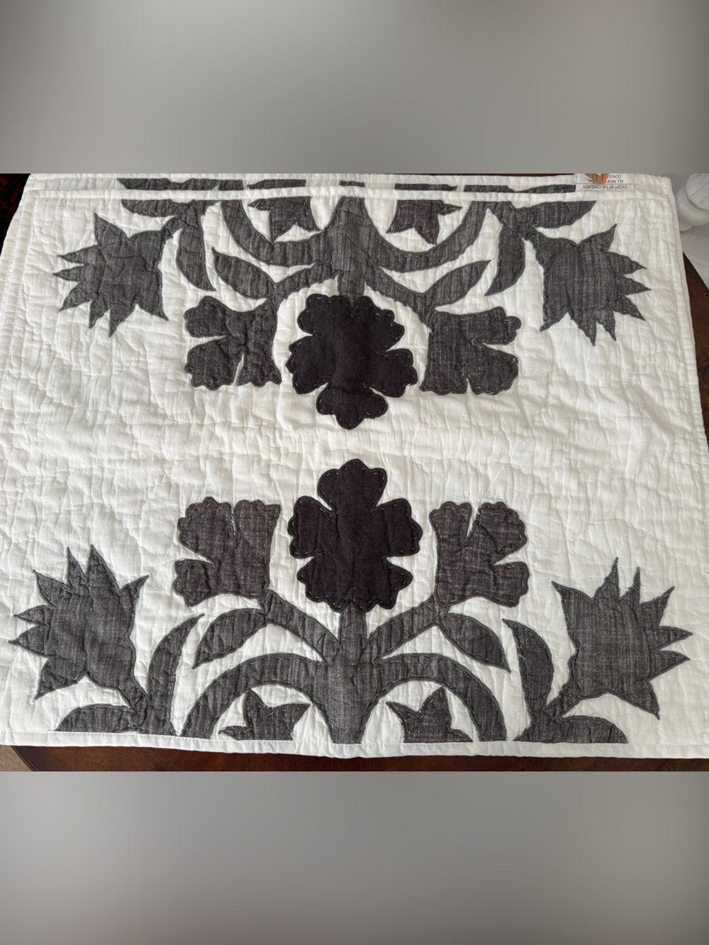 2 Pottery Barn “Mahalo” White Quilted Pillow Shams with Charcoal Floral Appliqué
